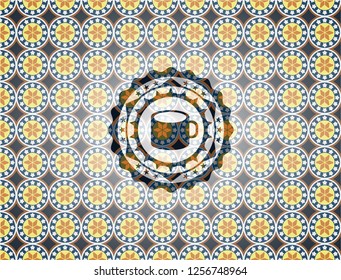  coffee cup icon inside arabic badge background. Arabesque decoration.