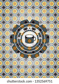 coffee cup icon inside arabic style badge. Arabesque decoration.