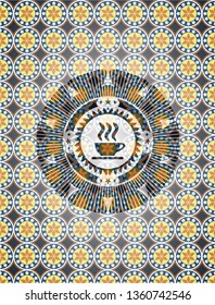 coffee cup icon inside arabic badge. Arabesque decoration.