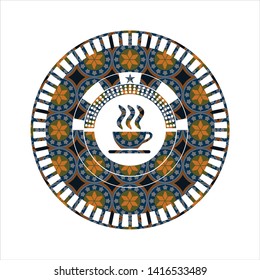 coffee cup icon inside arabic badge. Arabesque decoration.