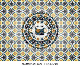 coffee cup icon inside arabic badge. Arabesque decoration.