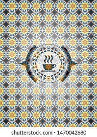 coffee cup icon inside arabic style emblem. Arabesque decoration.