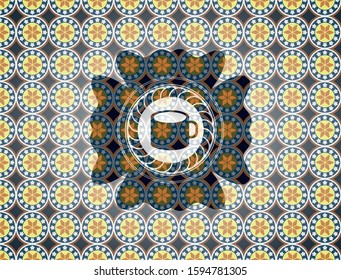 coffee cup icon inside arabic badge background. Arabesque decoration.
