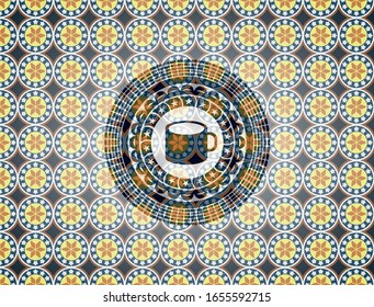 coffee cup icon inside arabic badge background. Arabesque decoration.