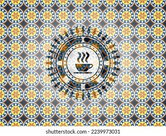 Kaffeetasse Symbol auf arabischem Hintergrund. Arabeske Einrichtung. 