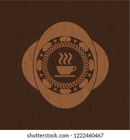 coffee cup icon inside badge with wood background