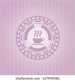 coffee cup icon inside badge with pink background