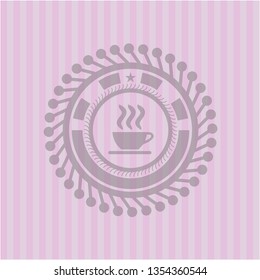 coffee cup icon inside badge with pink background