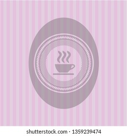 coffee cup icon inside badge with pink background