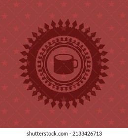 coffee cup icon inside badge with red background. 