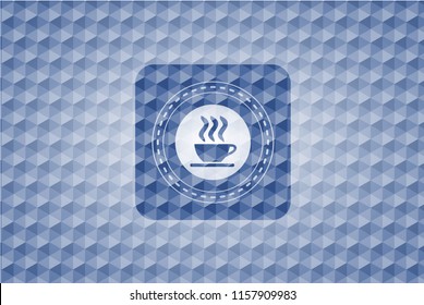 coffee cup icon inside blue emblem or badge with geometric pattern background.