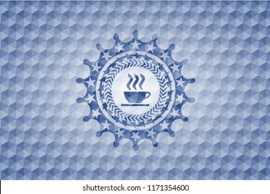 coffee cup icon inside blue hexagon badge.