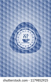 coffee cup icon inside blue badge with geometric pattern background.