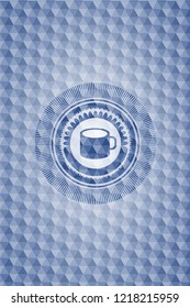 coffee cup icon inside blue polygonal badge.
