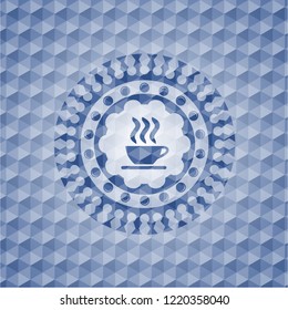 coffee cup icon inside blue polygonal badge.