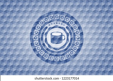 coffee cup icon inside blue emblem or badge with abstract geometric pattern background.