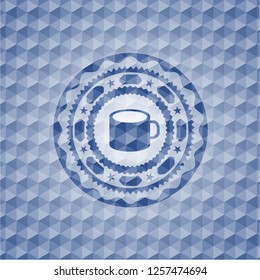 coffee cup icon inside blue badge with geometric pattern background.