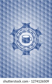 coffee cup icon inside blue emblem with geometric background.