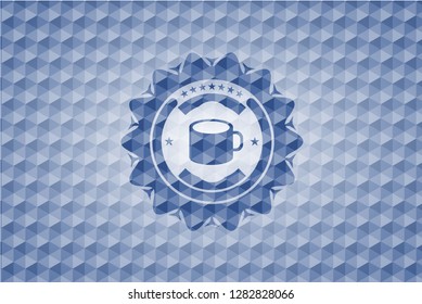 coffee cup icon inside blue badge with geometric background.