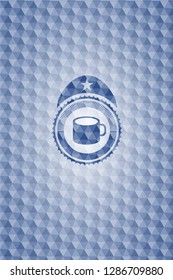 coffee cup icon inside blue hexagon badge.