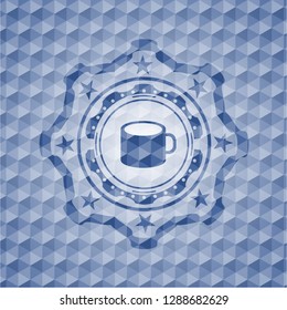 coffee cup icon inside blue hexagon badge.