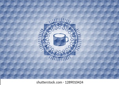 coffee cup icon inside blue polygonal badge.