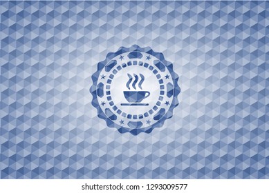 coffee cup icon inside blue badge with geometric background.