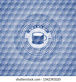 coffee cup icon inside blue emblem with geometric pattern background.