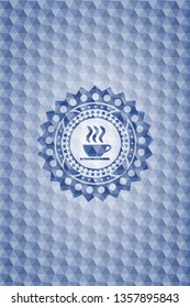 coffee cup icon inside blue emblem or badge with geometric pattern background.