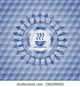 coffee cup icon inside blue emblem with geometric background.