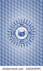 coffee cup icon inside blue emblem with geometric pattern background.