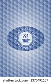 coffee cup icon inside blue emblem with geometric pattern.