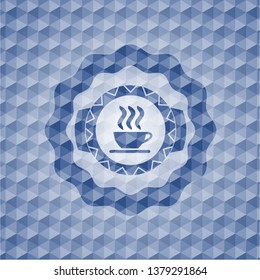 coffee cup icon inside blue emblem or badge with abstract geometric pattern background.