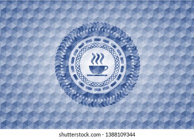 coffee cup icon inside blue hexagon emblem.