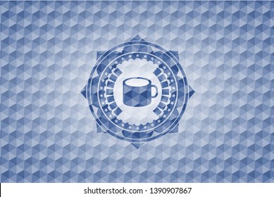 coffee cup icon inside blue hexagon emblem.