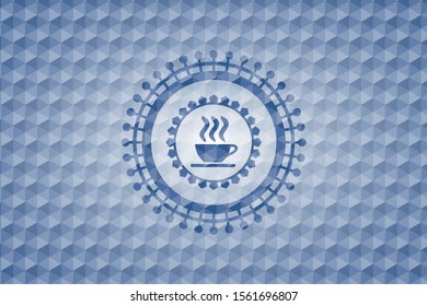 coffee cup icon inside blue hexagon badge.