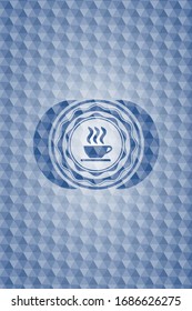 coffee cup icon inside blue hexagon badge.