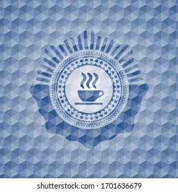 coffee cup icon inside blue polygonal badge.