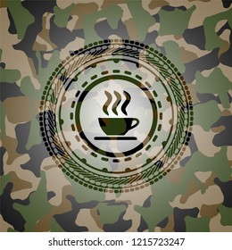 coffee cup icon inside camo emblem