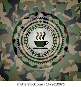 coffee cup icon inside camo emblem