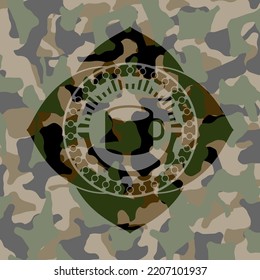 coffee cup icon inside camo emblem. 