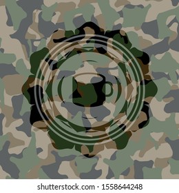 coffee cup icon inside camouflage emblem