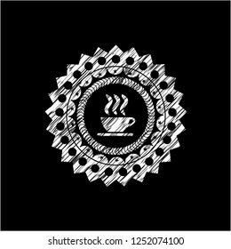coffee cup icon inside chalk emblem written on a blackboard
