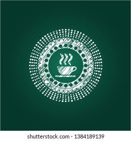 coffee cup icon inside chalk emblem written on a blackboard