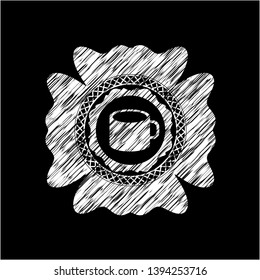 coffee cup icon inside chalkboard emblem on black board
