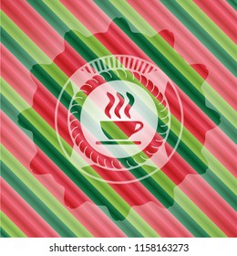 coffee cup icon inside christmas colors emblem.