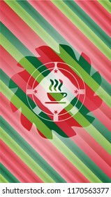 coffee cup icon inside christmas colors style emblem.
