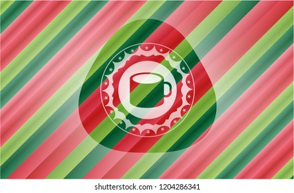 coffee cup icon inside christmas colors badge.