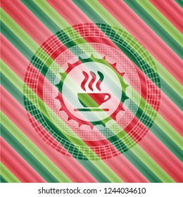 coffee cup icon inside christmas colors style emblem.