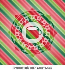 coffee cup icon inside christmas style badge..
